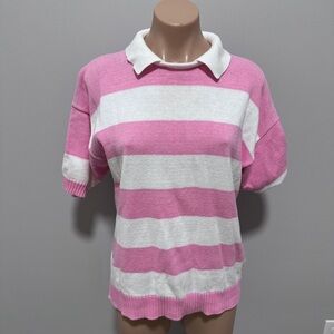 Nan Dorsey Vintage 80s Pink White Stripe Short Sleeve Sweater Collar Cotton